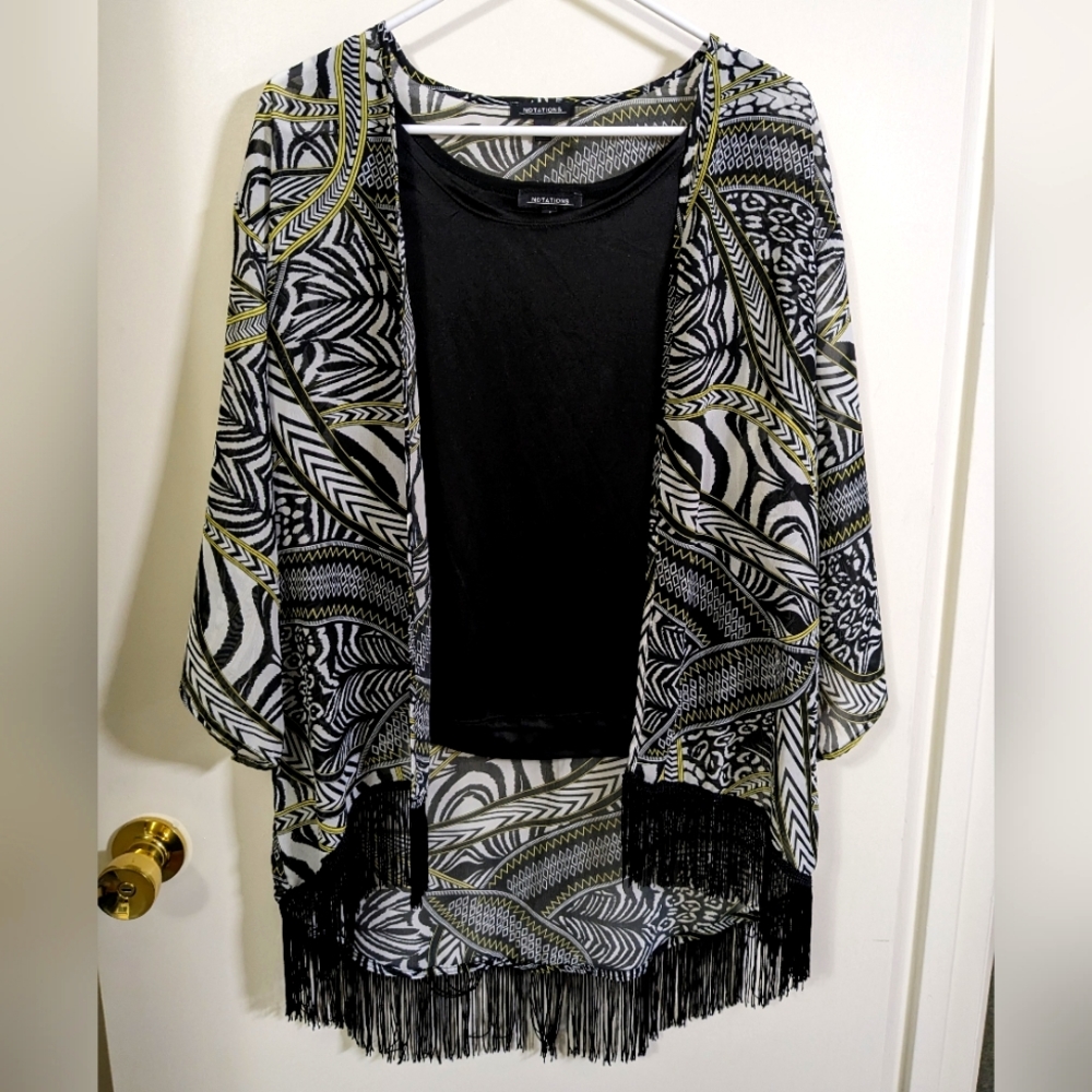 Notations sheer fringe kimono top